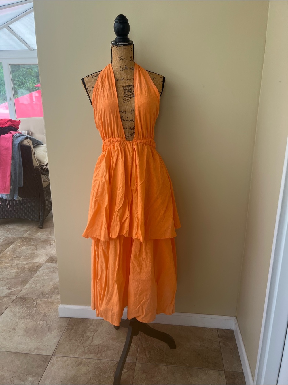 Reverse Bright Orange Plunge Neck Tiered Midi Dress